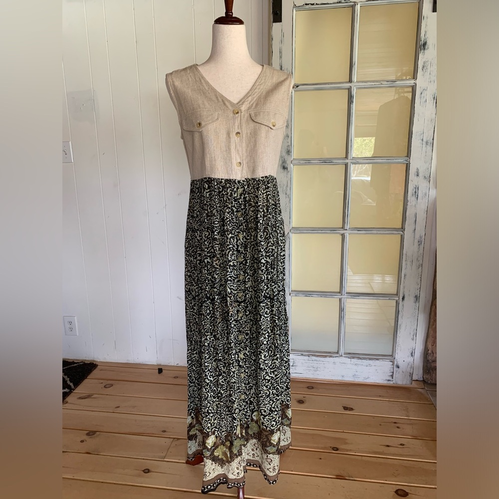 Vintage 90s linen vest top & gauze bottom fully button down dress